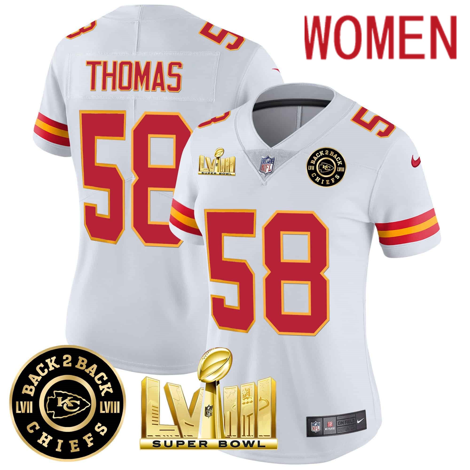 Women Kansas City Chiefs #58 Thomas White 2024 Nike Super Bowl LVIII & Back-2-Back Patch Vapor NFL Jersey